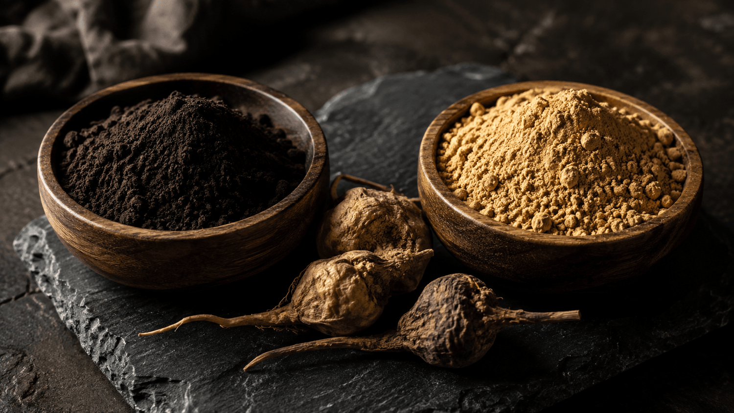 Bowl of dark black maca powder next to golden yellow maca powder with dried maca roots, comparing the two maca varieties