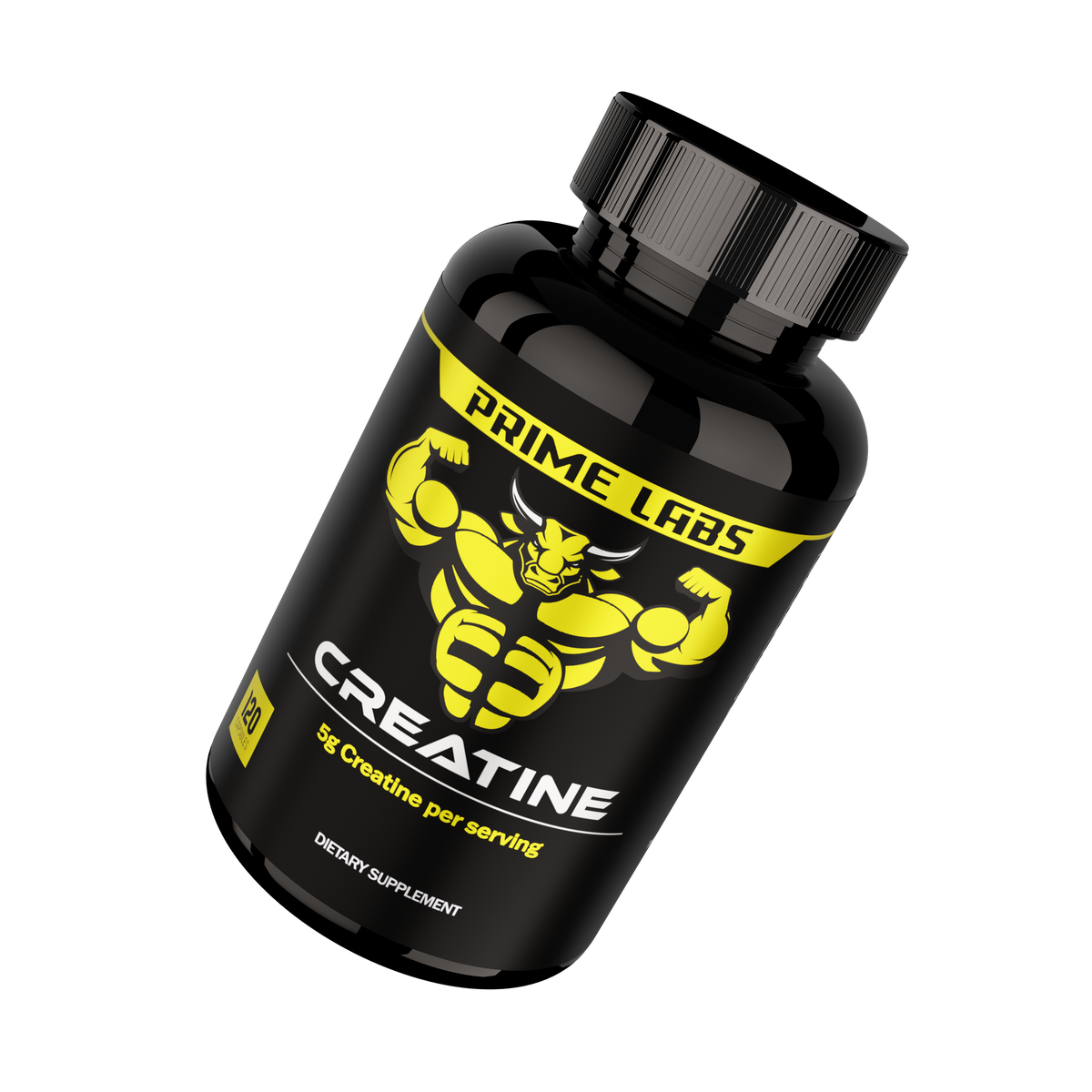 Prime Labs Creatine bottle, black label with yellow bull logo reading 5g creatine per serving — choosing the best creatine for men