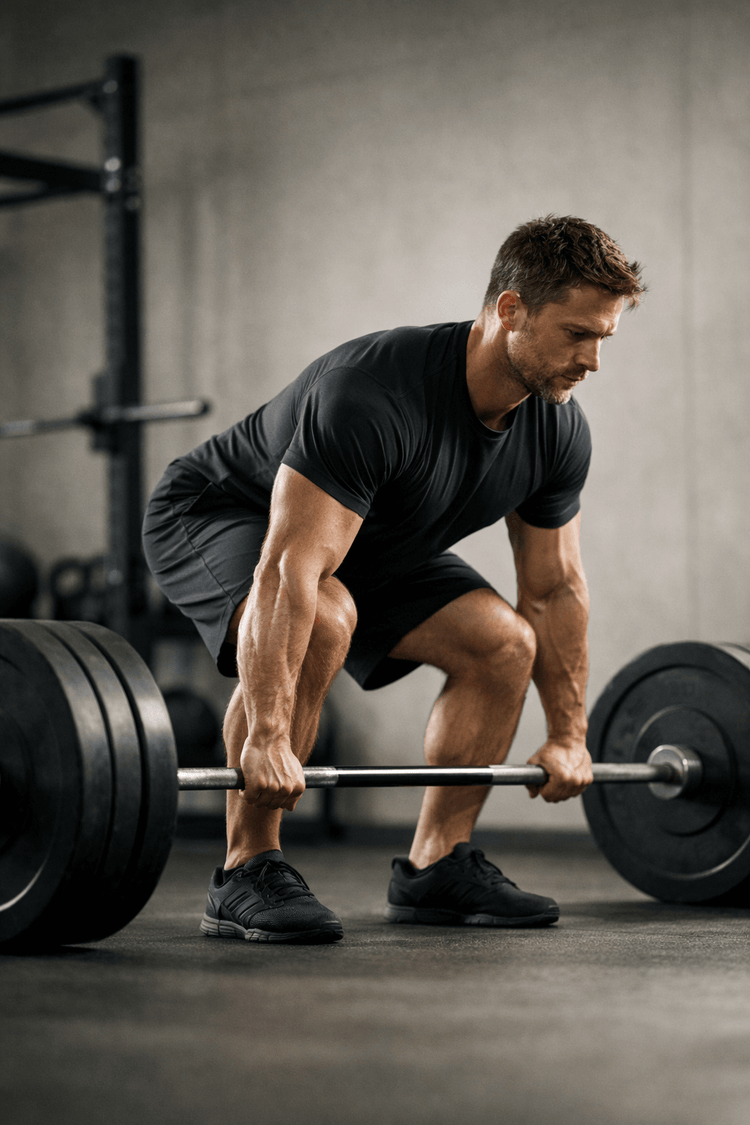 Man preparing to perform a heavy barbell deadlift in a gym — evidence-based exercise to maximize testosterone naturally