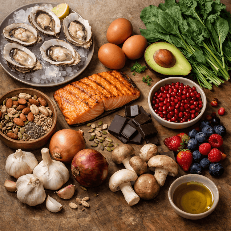 Overhead spread of testosterone-friendly foods: oysters, salmon, eggs, avocado, greens, nuts, berries, dark chocolate, garlic and mushrooms
