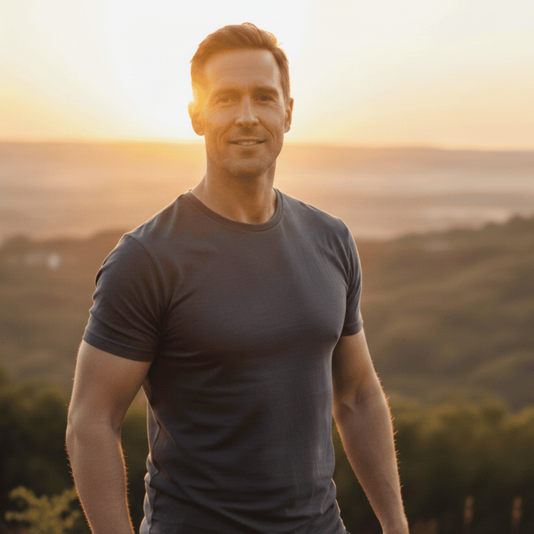 Smiling man in a dark t-shirt at sunset — the real benefits of horny goat weed for men's libido and vitality