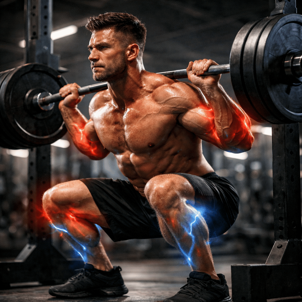 Muscular man doing a heavy barbell squat with glowing red and blue energy on his limbs — L-arginine for blood flow and muscle performance