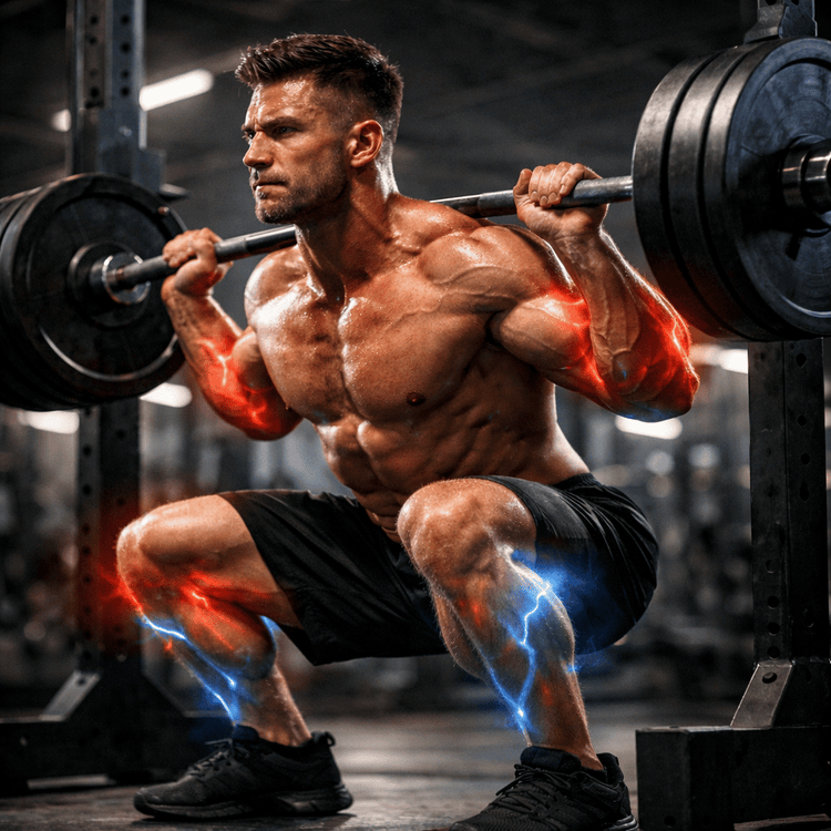 Muscular man doing a heavy barbell squat with glowing red and blue energy on his limbs — L-arginine for blood flow and muscle performance