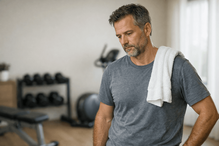 Middle-aged man with a towel over his shoulder looking down in a home gym — common signs and symptoms of low testosterone in men
