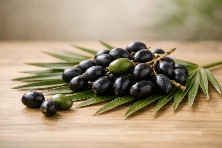 Saw palmetto berries on a green frond on a wooden surface — natural prostate and testosterone health support for men