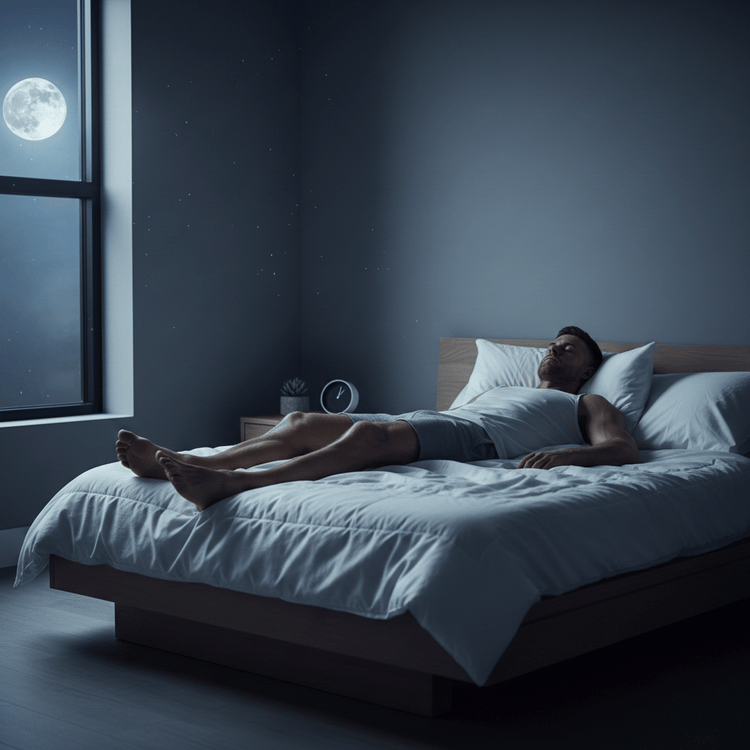 Man sleeping in bed at night with the moon visible through the window — how quality sleep impacts testosterone levels in men