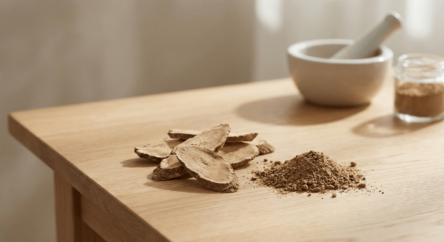Sliced tongkat ali root and ground powder on a wooden table beside a mortar and pestle — testosterone and energy support for men