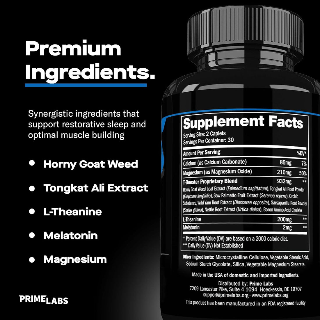 Prime Labs Prime Test Night Duty supplement facts panel — calcium, magnesium, T-booster blend, L-theanine 200 mg and melatonin 2 mg