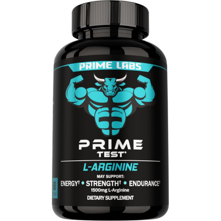 Prime Labs Prime Test L-Arginine bottle — teal bull mascot label, 1500 mg L-arginine for energy, strength and endurance