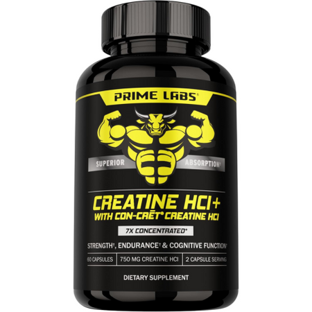 Prime Labs Creatine HCl+ bottle with CON-CRĒT creatine HCl — 60 capsules, 750 mg per serving, 7x concentrated for absorption