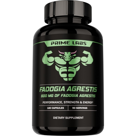 Prime Labs Fadogia Agrestis bottle — green bull mascot label, 180 capsules with 600 mg fadogia agrestis for performance and strength