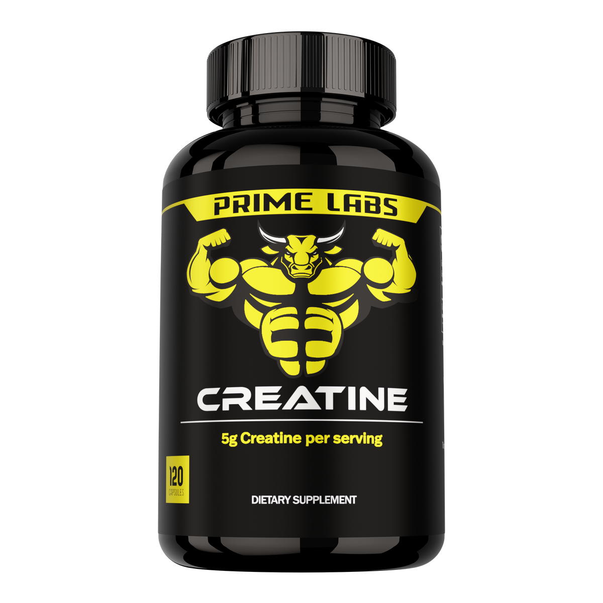 Front view of Prime Labs Creatine bottle, black label with yellow bull, 120 capsules, 5g per serving — does creatine cause bloating