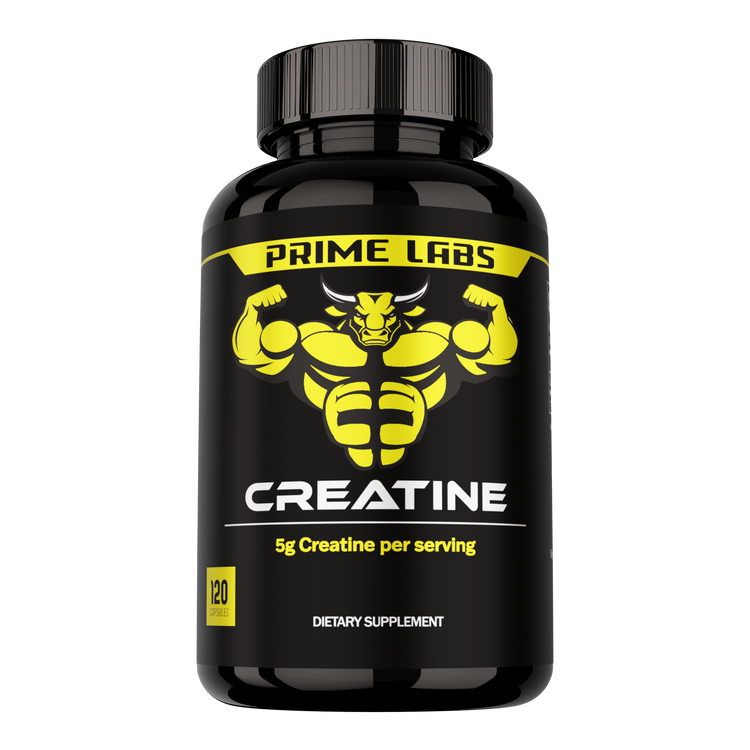Front view of Prime Labs Creatine bottle, black label with yellow bull, 120 capsules, 5g per serving — does creatine cause bloating