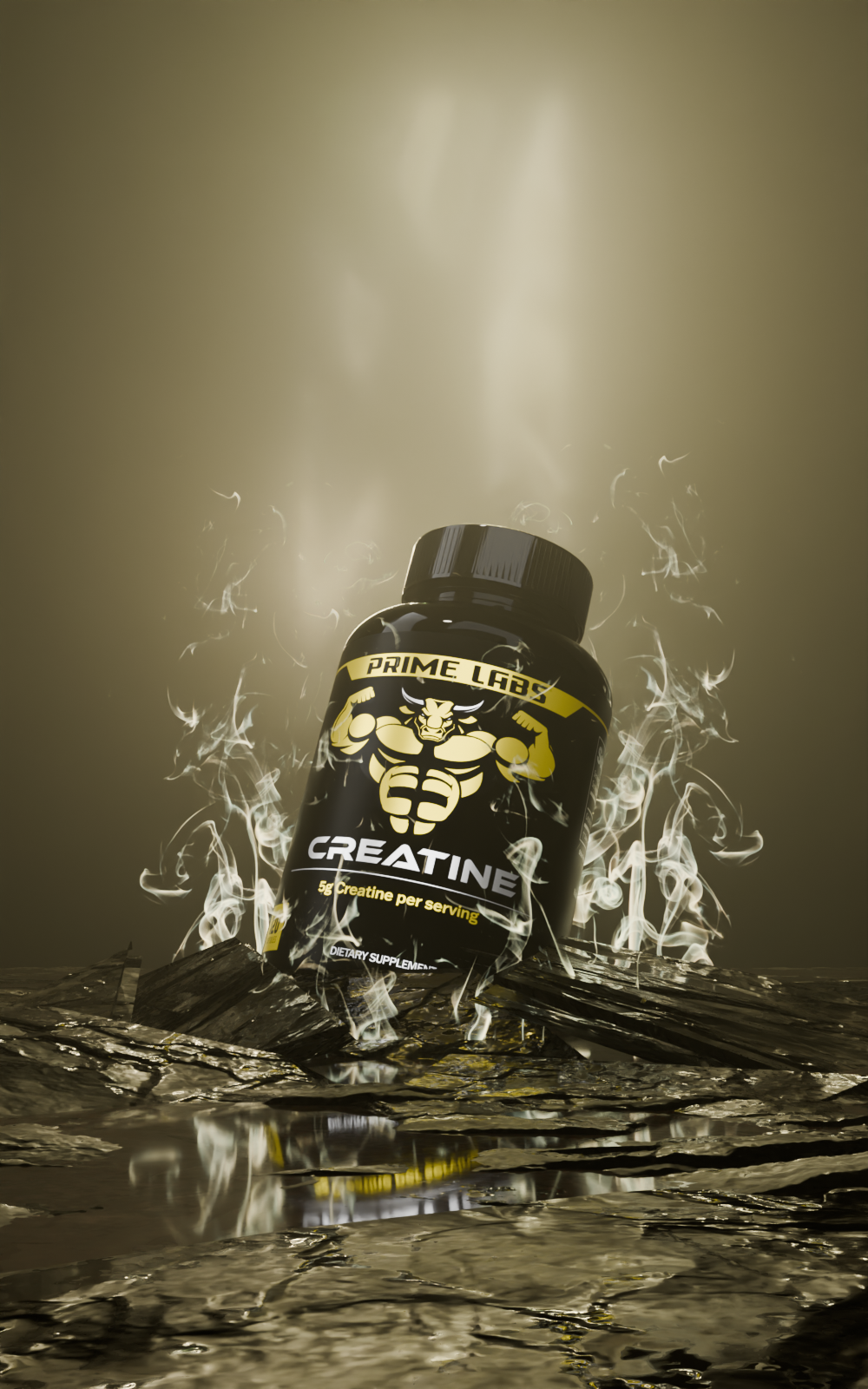 Prime Labs Creatine bottle on cracked rock amid rising smoke and dramatic light — finding the best time of day to take creatine