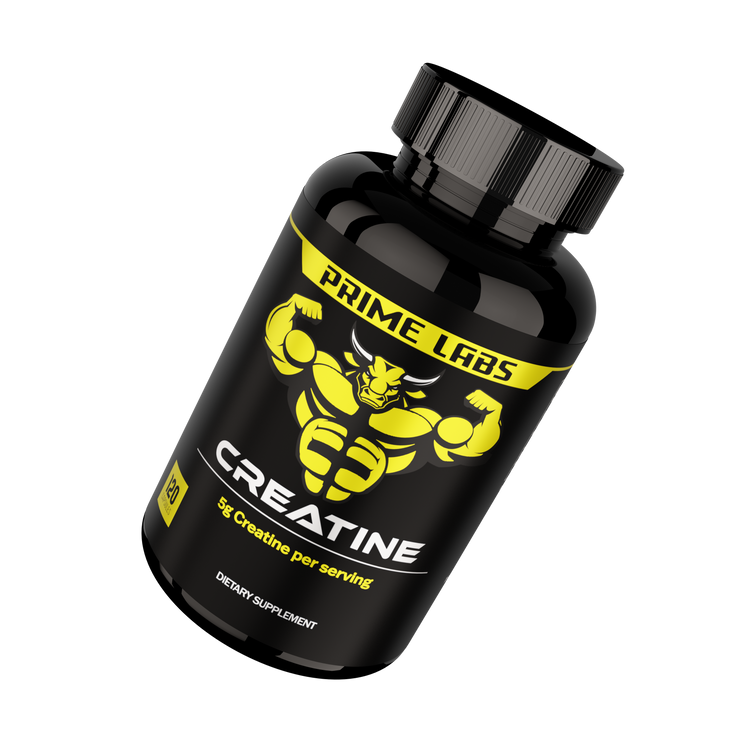 Prime Labs Creatine bottle, black label with yellow bull logo reading 5g creatine per serving — choosing the best creatine for men