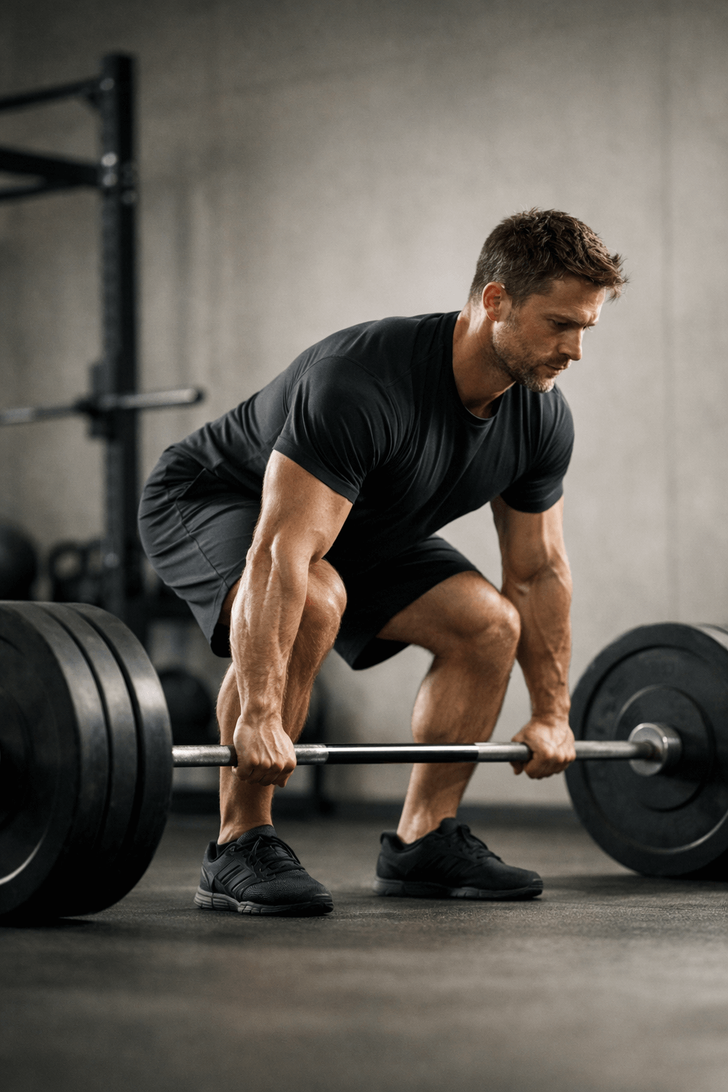 Man preparing to perform a heavy barbell deadlift in a gym — evidence-based exercise to maximize testosterone naturally