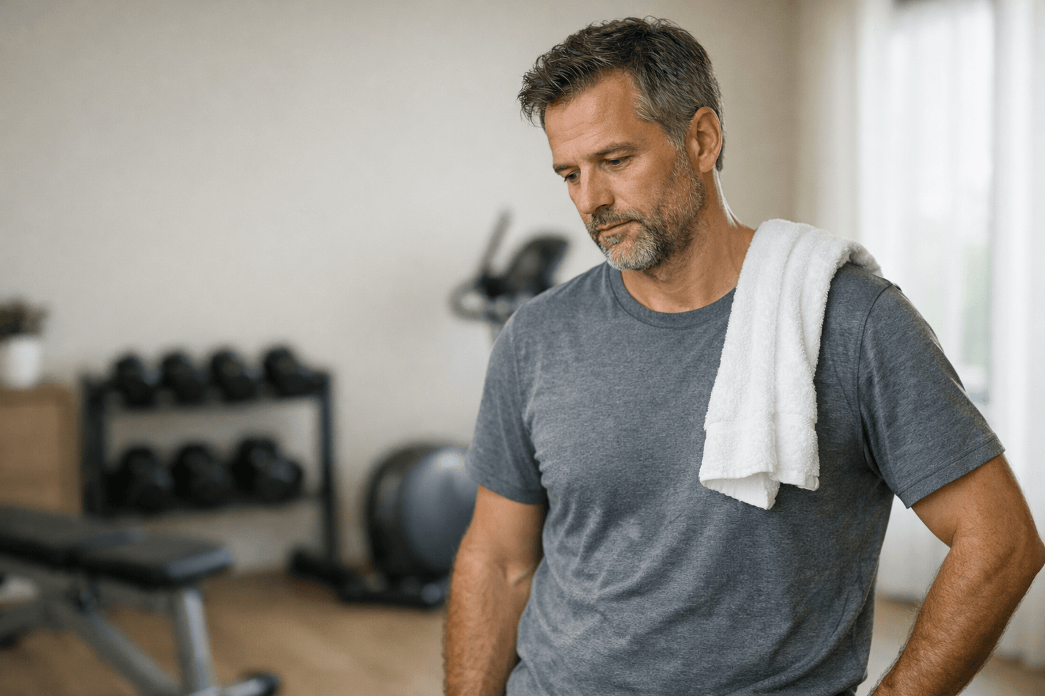Tired middle-aged man with a towel in a home gym — common signs and symptoms of low testosterone in men