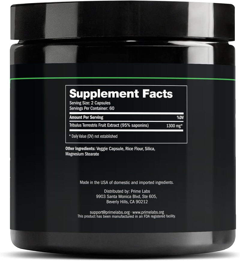 Prime Labs Tribulus Terrestris supplement facts panel close-up — 1300 mg tribulus terrestris fruit extract per 2-capsule serving