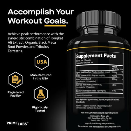 Prime Labs Tongkat Ali Plus supplement facts — 500 mg organic black maca, 400 mg tongkat ali 100:1 and 100 mg tribulus terrestris