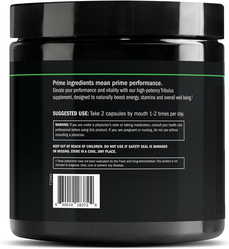 Prime Labs Tribulus Terrestris bottle back label — performance and vitality benefits with directions and warnings