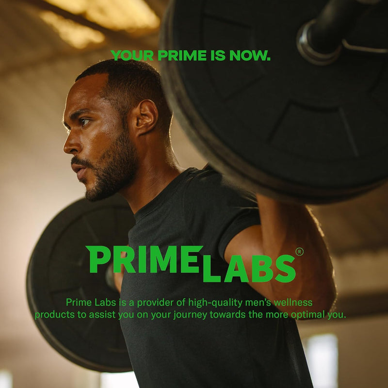 Muscular man performing a barbell back squat in a gym — Prime Labs men's wellness supplements
