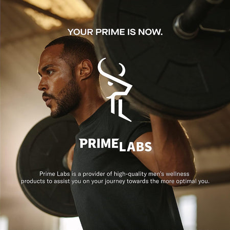Muscular man performing a barbell back squat in a gym — Prime Labs men's wellness and strength supplements
