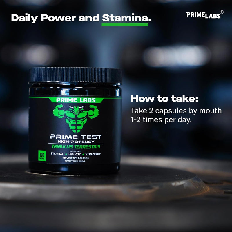 Prime Labs Tribulus Terrestris bottle on a barbell plate — directions show take 2 capsules 1 to 2 times per day
