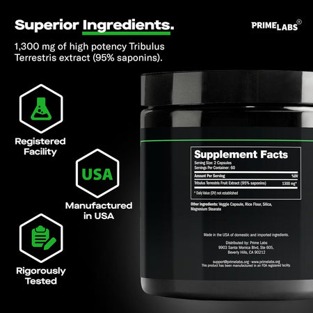 Prime Labs Tribulus Terrestris supplement facts — 1300 mg 95% saponins extract, registered facility, USA-made and tested