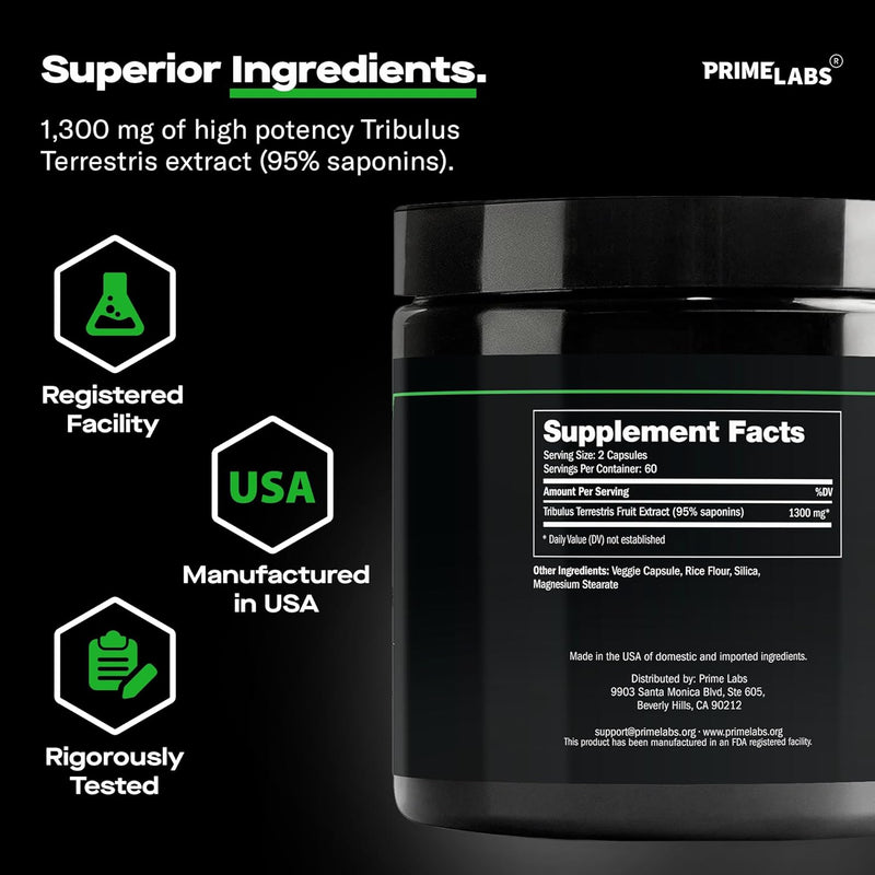 Prime Labs Tribulus Terrestris supplement facts — 1300 mg 95% saponins extract, registered facility, USA-made and tested
