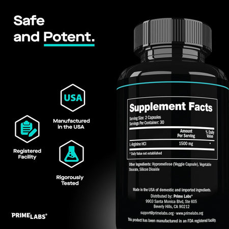 Prime Labs L-Arginine supplement facts — 1500 mg L-arginine HCl per serving, registered facility, USA-made and rigorously tested
