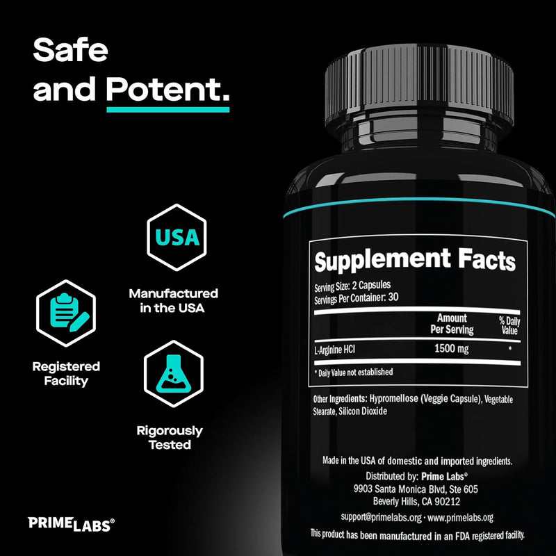 Prime Labs L-Arginine supplement facts — 1500 mg L-arginine HCl per serving, registered facility, USA-made and rigorously tested