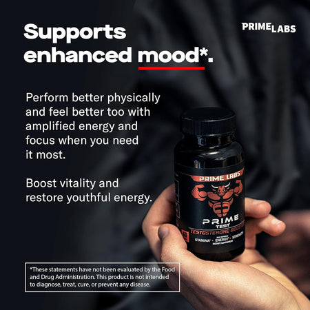 Hand holding a Prime Labs Prime Test testosterone booster bottle — supports enhanced mood, energy and focus for men