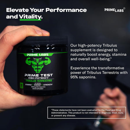 Hand holding Prime Labs Tribulus Terrestris bottle — 95% saponins formula to elevate performance, energy and stamina