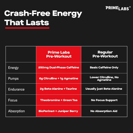 Prime Labs Pre Workout Powder vs regular pre-workout — dual-phase caffeine, 6 g citrulline, beta-alanine, taurine, theobromine and BioPerine