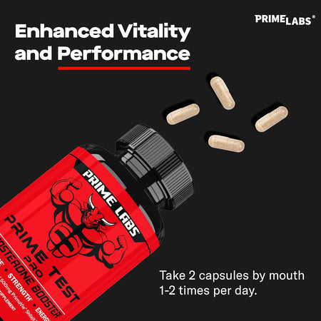Prime Labs Prime Test Pro red bottle on its side with capsules spilling out — take 2 capsules by mouth 1 to 2 times per day