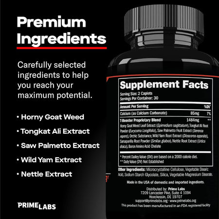 Prime Labs Prime Test supplement facts panel — proprietary blend with horny goat weed, tongkat ali, saw palmetto and nettle