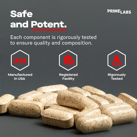 Pile of Prime Labs Prime Test caplets with USA-manufactured, FDA-registered facility and third-party tested badges