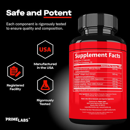 Prime Labs Prime Test Pro supplement facts — ashwagandha, PrimaVie shilajit, fenugreek seed extract, DIM, eurycoma longifolia and boron