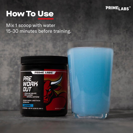 Prime Labs Pre Workout Powder tub beside a glass of mixed Blue Surge drink — mix 1 scoop with water 15 to 30 minutes before training