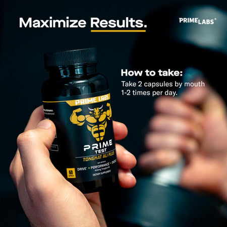 Hand holding Prime Labs Tongkat Ali Plus bottle — directions show take 2 capsules by mouth 1 to 2 times per day