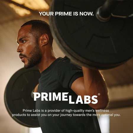 Muscular man performing a barbell back squat in a gym — Prime Labs men's wellness and energy supplements