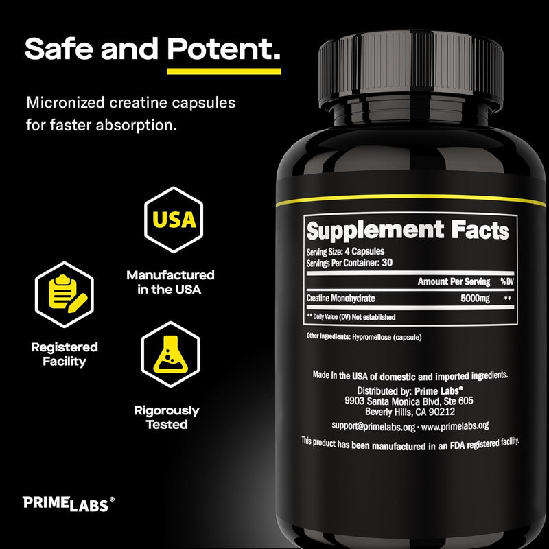 Prime Labs Creatine supplement facts — 5000 mg creatine monohydrate per 4-capsule serving, USA-made and rigorously tested