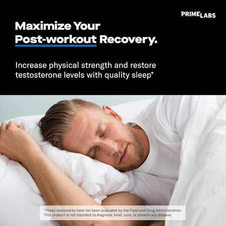 Man sleeping peacefully in white bedding — Prime Labs Prime Test Night Duty supports post-workout recovery and quality sleep