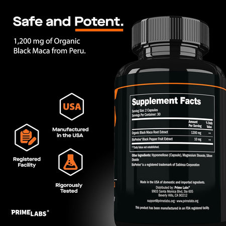 Prime Labs Organic Black Maca supplement facts — 1200 mg organic black maca root extract and Bioperine 10 mg from Peru, USA-made