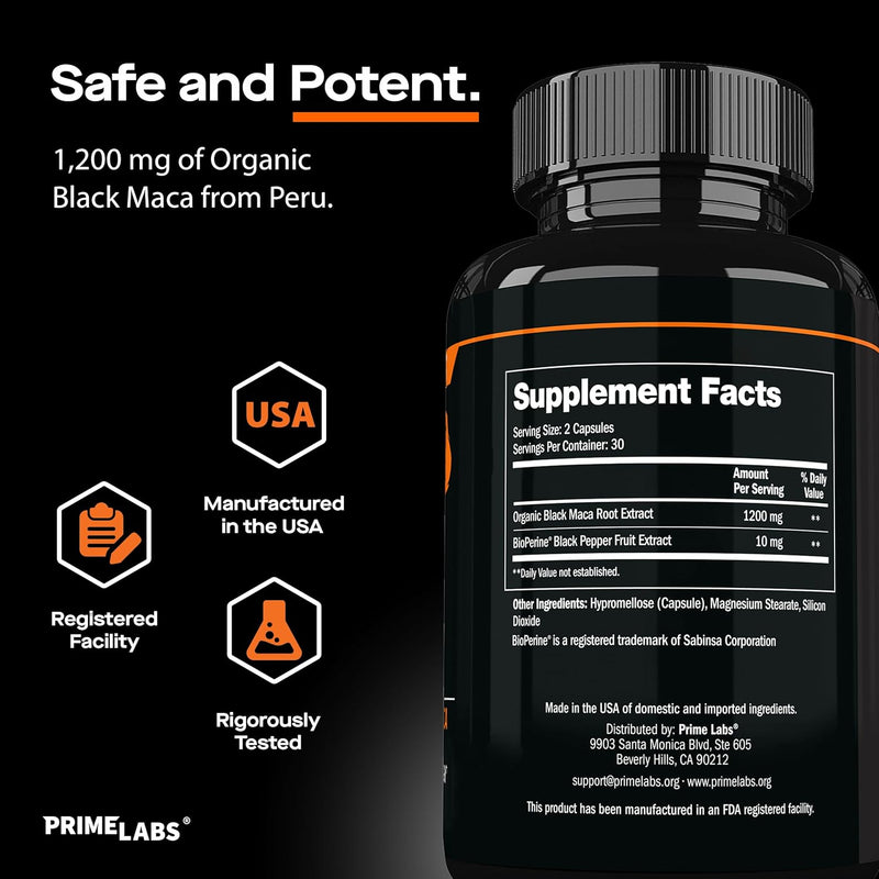 Prime Labs Organic Black Maca supplement facts — 1200 mg organic black maca root extract and Bioperine 10 mg from Peru, USA-made