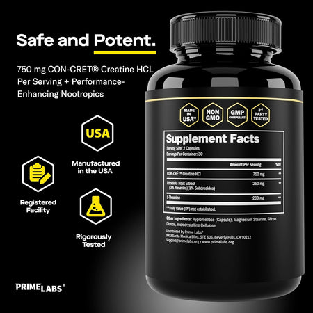 Prime Labs Creatine HCl+ supplement facts — 750 mg CON-CRĒT creatine HCl, 250 mg rhodiola, 200 mg L-theanine, GMP certified non-GMO