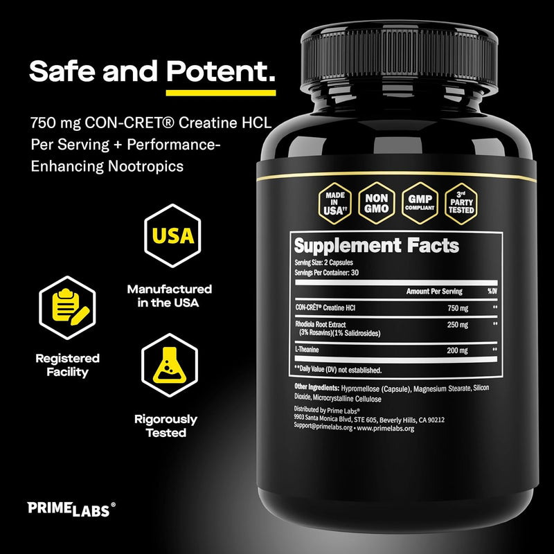 Prime Labs Creatine HCl+ supplement facts — 750 mg CON-CRĒT creatine HCl, 250 mg rhodiola, 200 mg L-theanine, GMP certified non-GMO