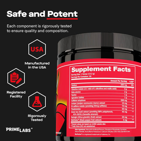 Prime Labs Pre Workout Powder supplement facts — citrulline, beta-alanine, taurine, agmatine, caffeine, theobromine, green tea and BioPerine