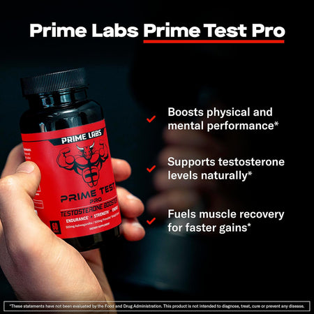 Hand holding Prime Labs Prime Test Pro bottle — boosts physical and mental performance, supports testosterone and fuels muscle recovery