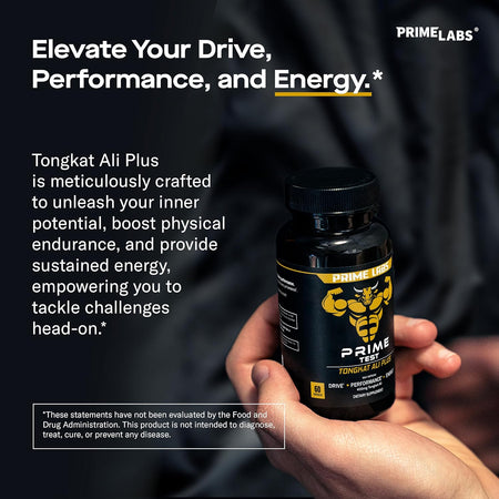 Hands holding Prime Labs Tongkat Ali Plus bottle — supports inner potential, physical endurance and sustained energy for men